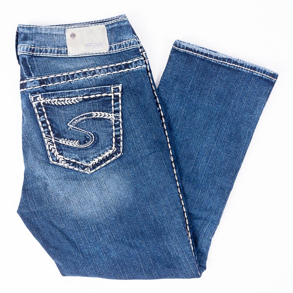 Silver Suki Mid Capri Fluid Denim Stretch Womens Jeans Faded Dark Wash Sz 28/22